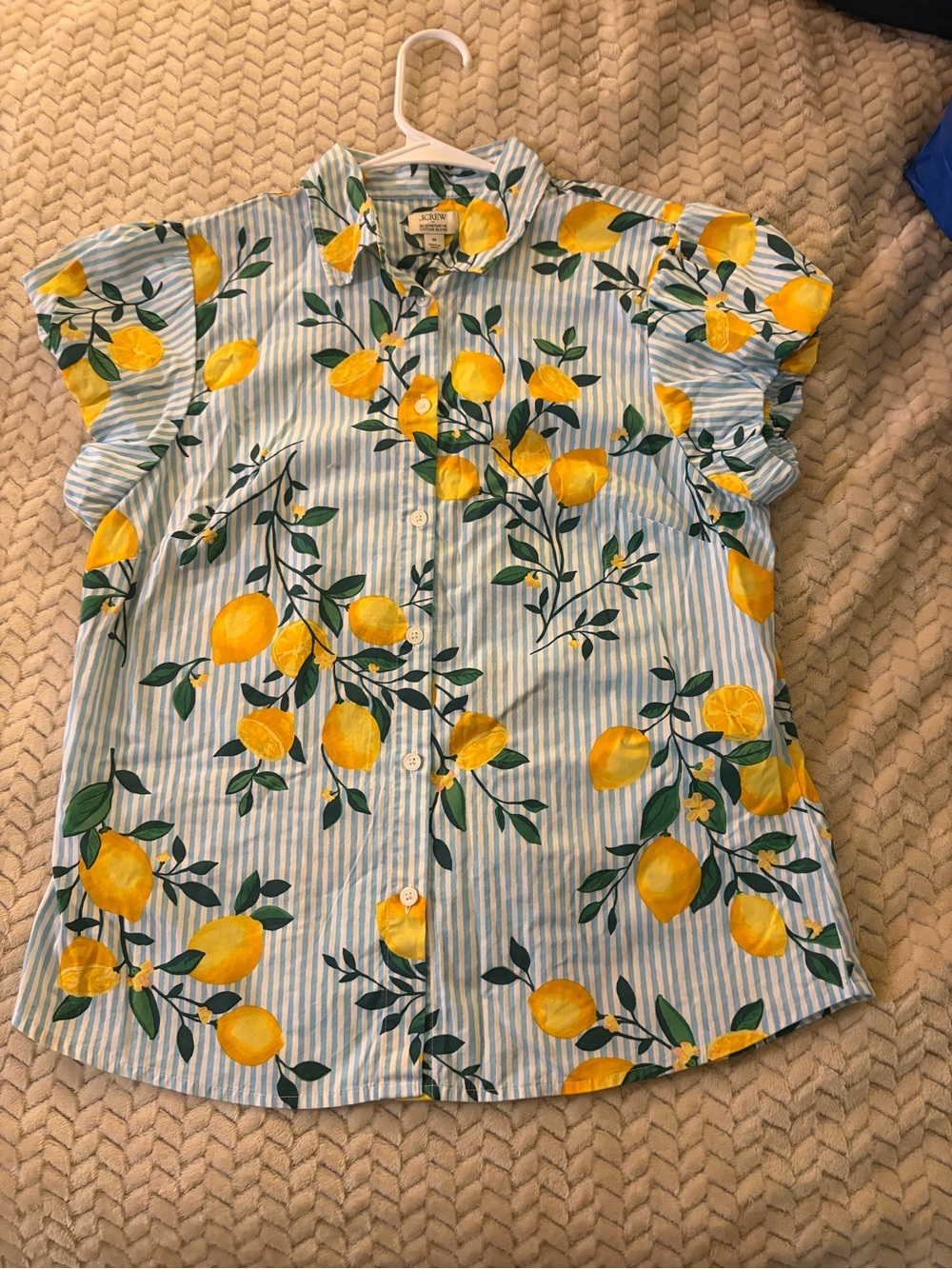 J. Crew Lemon Print Ruffle Sleeve Button-Down Top - Yellow, Blue, Green